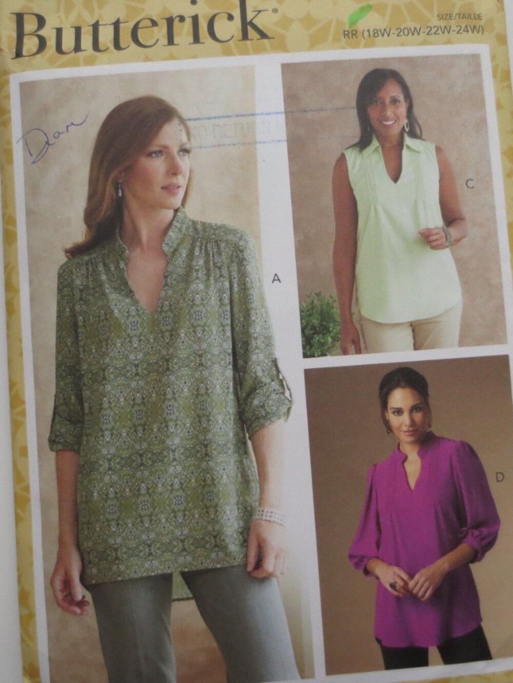 Butterick Women's Long Sleeve Shirt Blouse Top Sewing Pattern Sizes 18 20 22 24